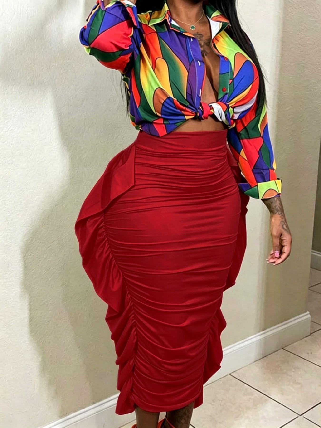 Spring Autumn Women's Solid High Waist Ruffle Bodycon Fit Midi Skirt, Casual Daily Wear, Vacation Style, Chic, Elegant and Comfortable