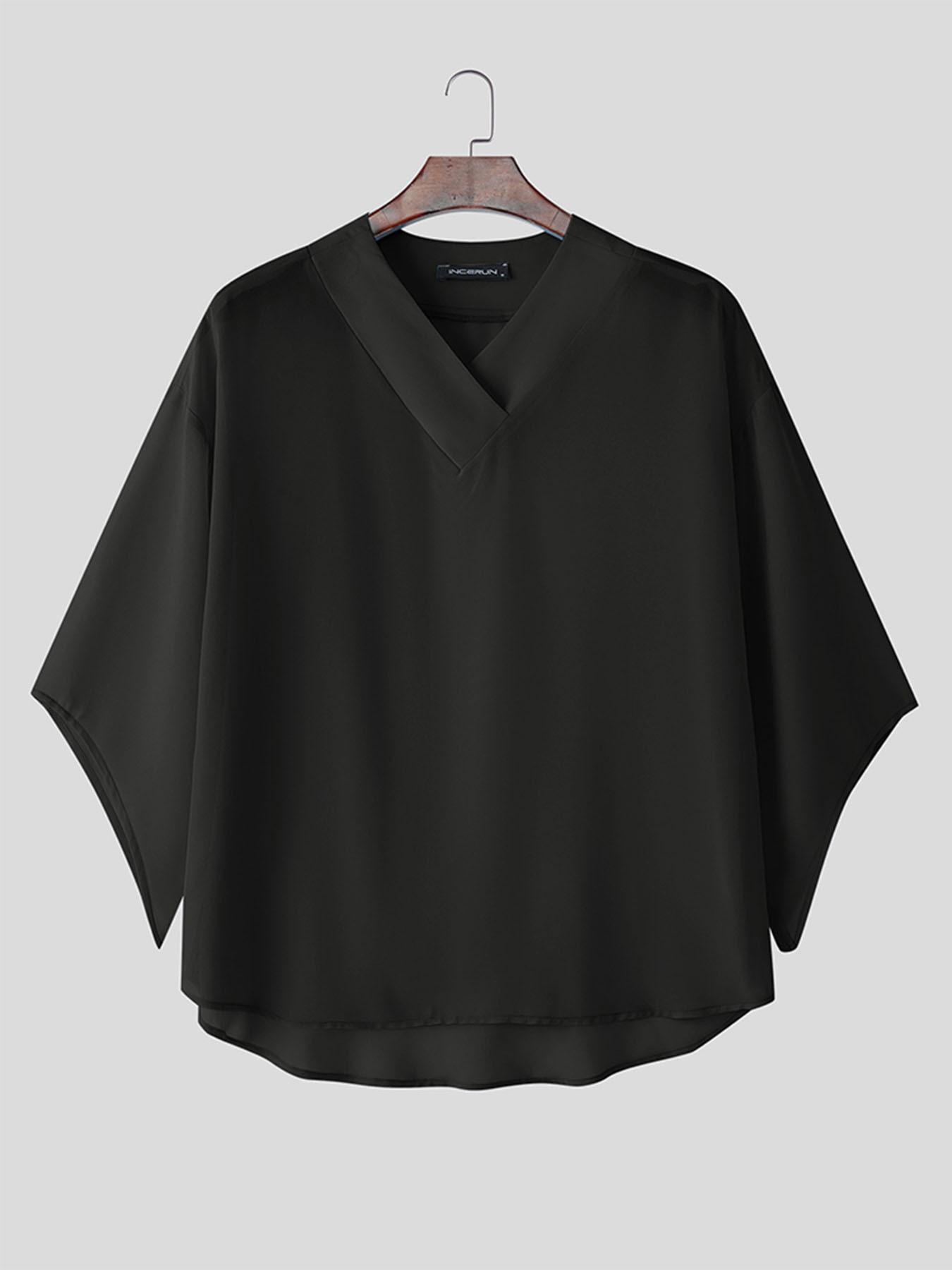 INCERUN Men's Fashion Casual Solid Color Transparent Seven-Quarter Sleeve T-Shirt, Perfect for Summer Daily or Vacation Wear