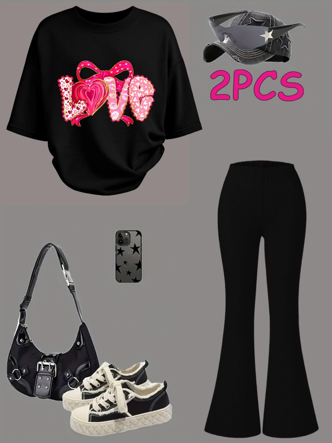 2pcs Girls' Valentine's Day Set, Heart Bow Print, Short Sleeve T-Shirt & Bell Pants, Casual Summer Fashion for Kids