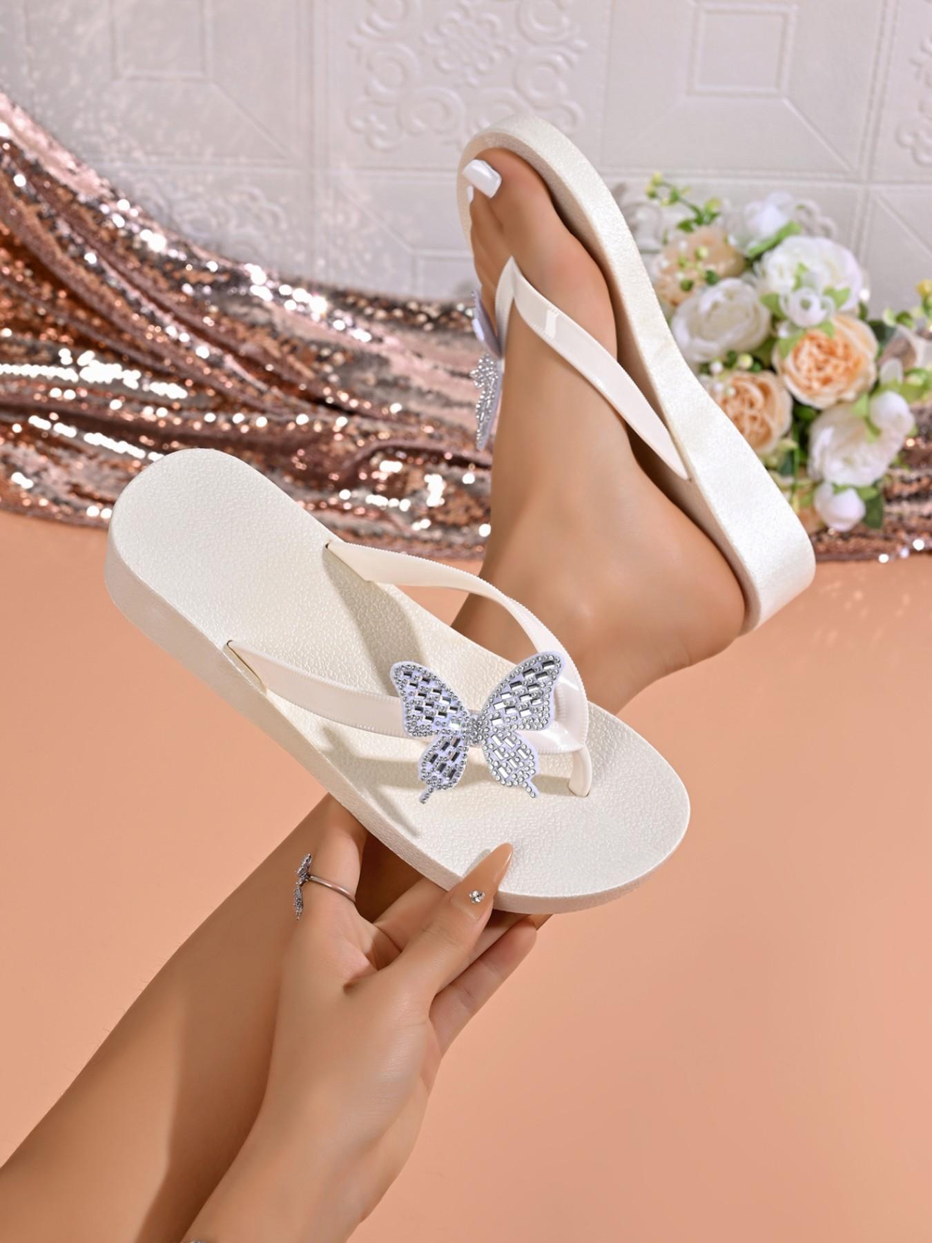 Women's Rhinestone Butterfly Sandals, Wedge Thick Sole Anti-Slip Slippers, Soft Comfortable, Beach Vacation Daily Wear