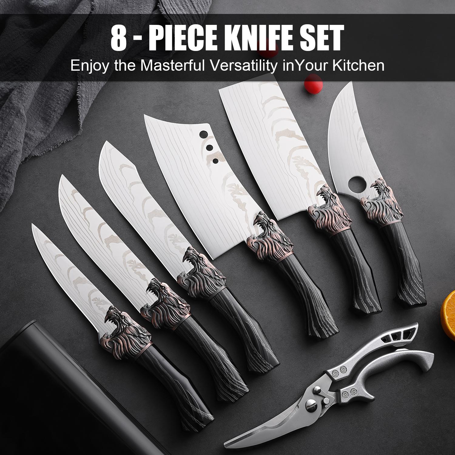 8pc kitchen knife set - Damascus laser pattern, kitchenware, black anti-wood grain plastic handle, knife stand storage convenient, cutting vegetables, cutting meat slaughtering, multi-functional scissors, outdoor camping, holiday gifts, local warehouse