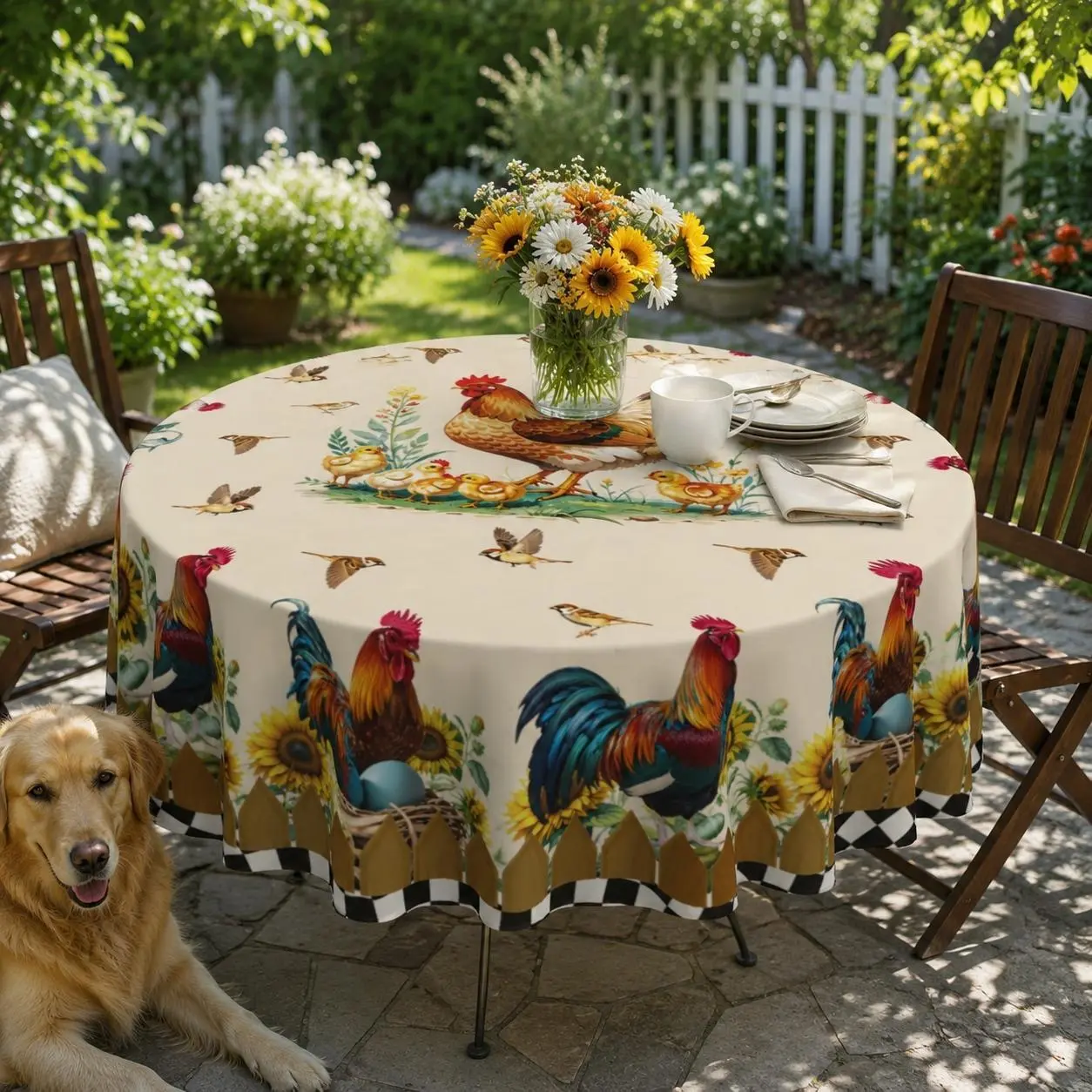 Vintage Farmhouse Polyester Rectangle Tablecloth - Made in USA, Charming Floral Animal Print, Machine Washable Reusable, 120x60 In, Ideal for Indoor Kitchen & Outdoor Party Decor