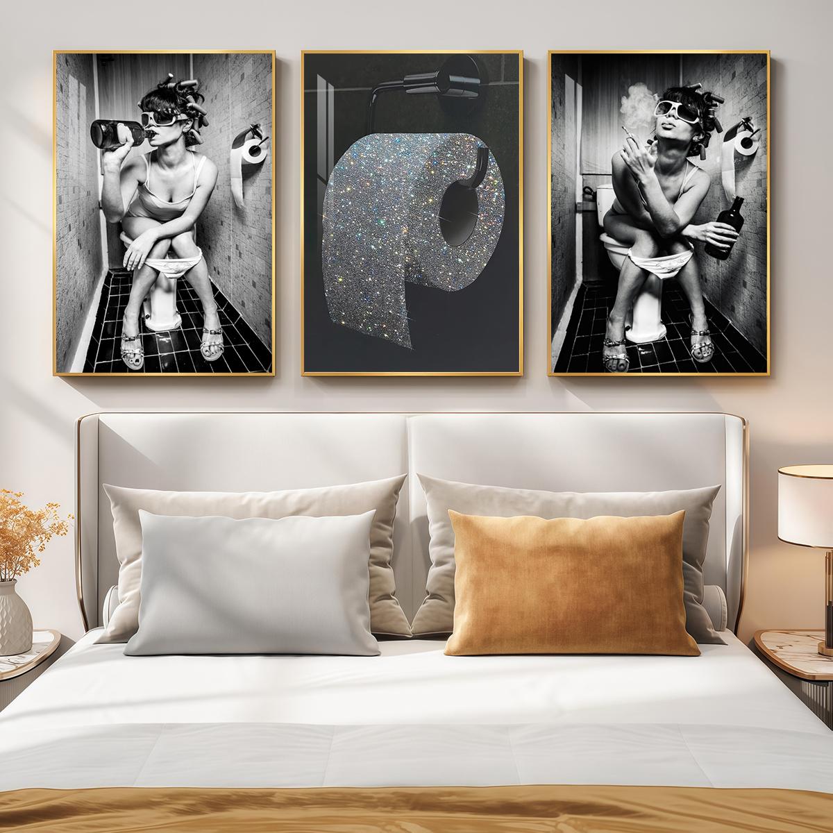 3 Counts Aluminum Alloy Framed Painting, Funny Woman Bathroom Drinking And Smoking Poster, Home Decoration For Living Room, Bedroom, Office, Restaurant, Hallway Wall Decor, Odorless Print Artwork, Luxury Perfect Gift For Friends And Family