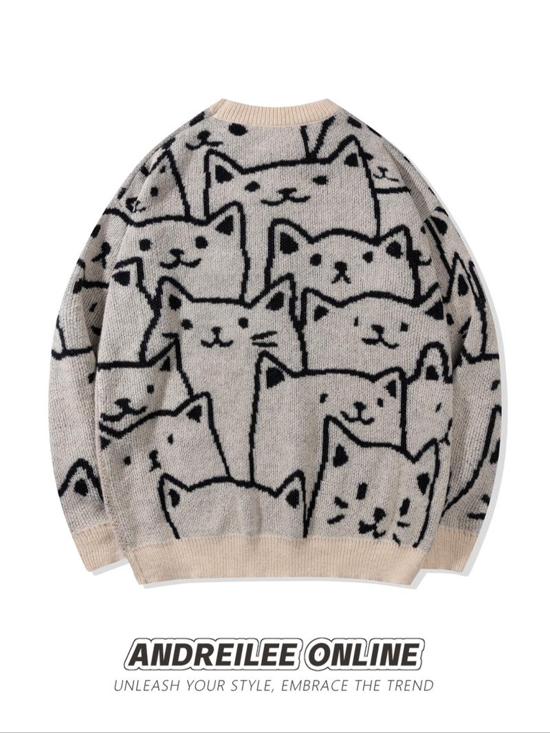 Unisex Men's All Over Cat Print Drop Shoulder Sweater, Cute Casual Long Sleeve Round Neck Jumper for Spring & Fall, Fashion Men's Knitwear for Daily Wear, Casual Comfy Pullover, Menswear