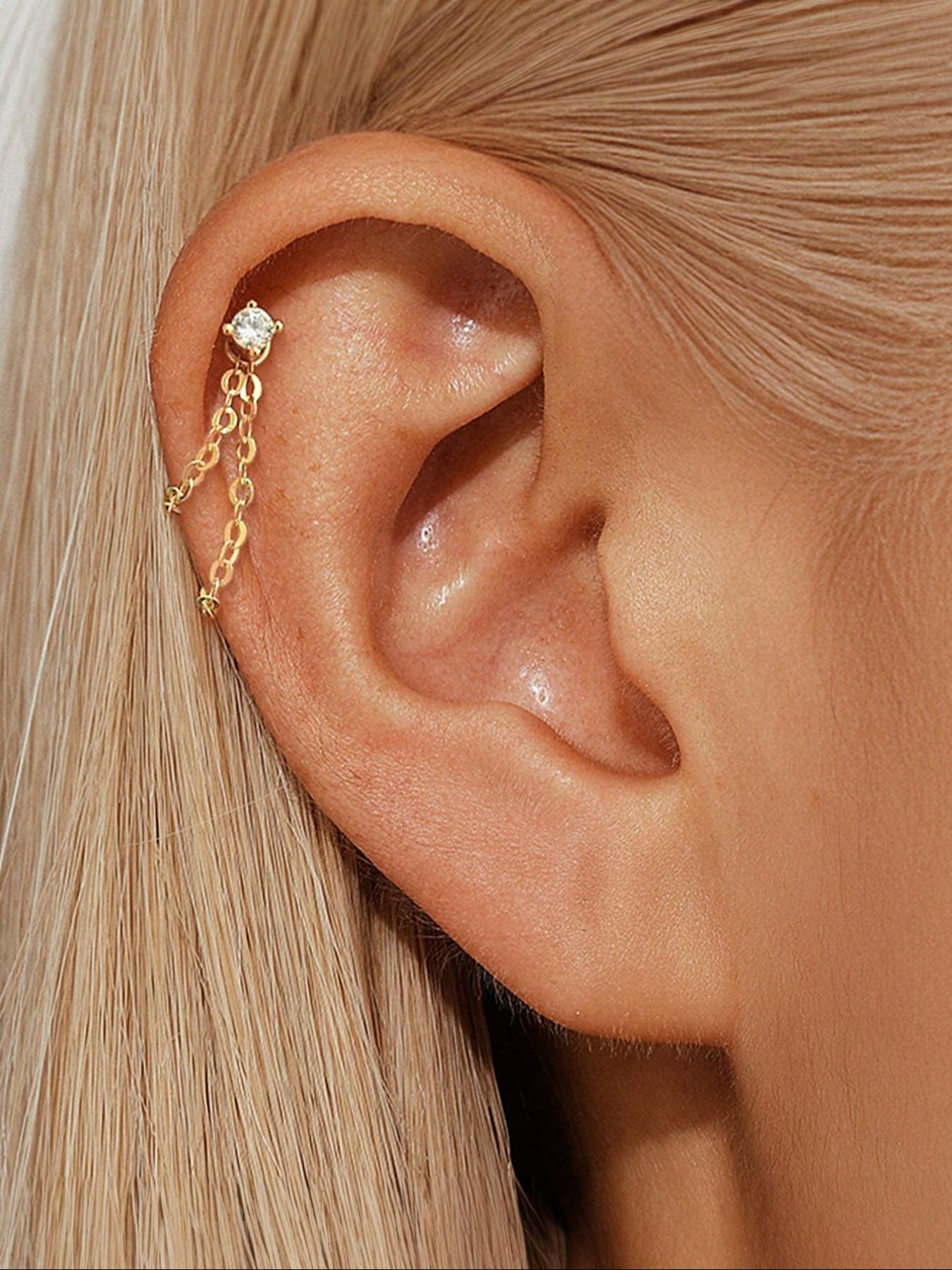 Unisex Stainless Steel Cubic Zirconia Earrings, 20G Push-Back Studs with Double Chain Design, Fashion Ear Jewelry, Trendy Jewelry Accessories, Perfect Gift