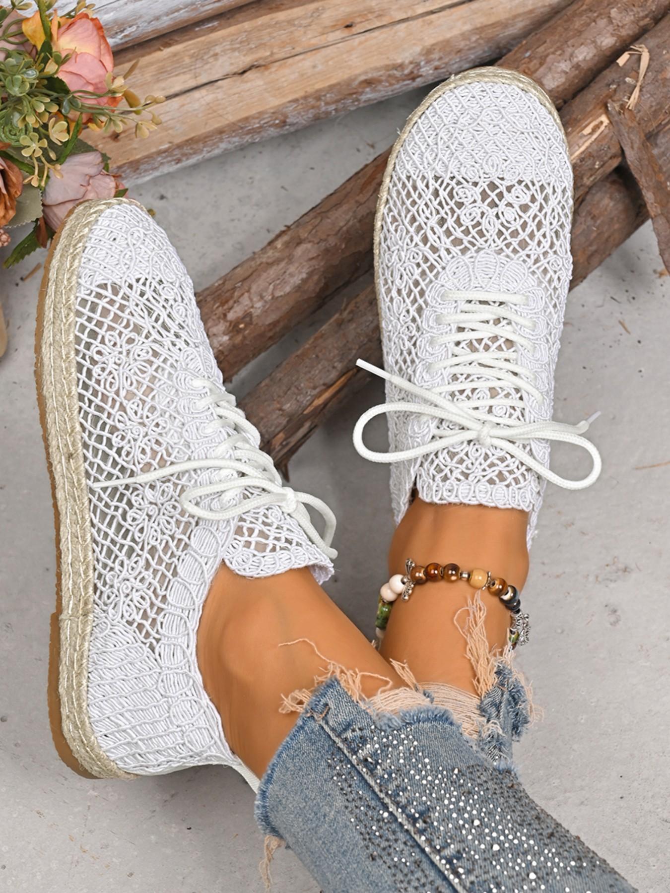 Women's Summer Crochet Sneakers, Casual Breathable Mesh Shoes, Handmade Hooked Knit, Round Toe, Low Ankle, Random Print, Fashion Trendy