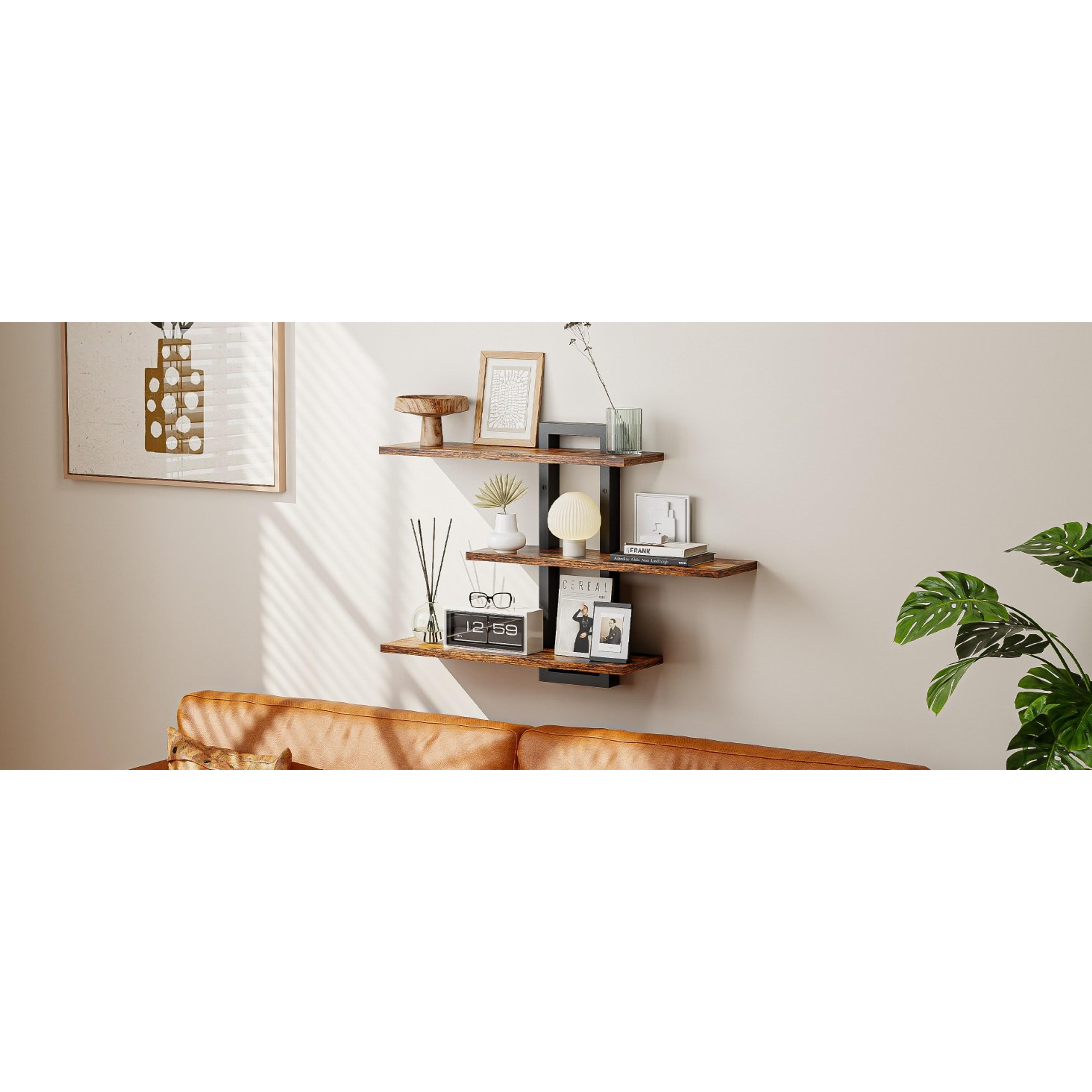 Rustic Brown and Black Wooden Floating Wall Shelves Set - 3-Tier Hanging Storage Racks for Bathroom, Bedroom, Easy Installation, Home Organizer Decor, Rustic Look