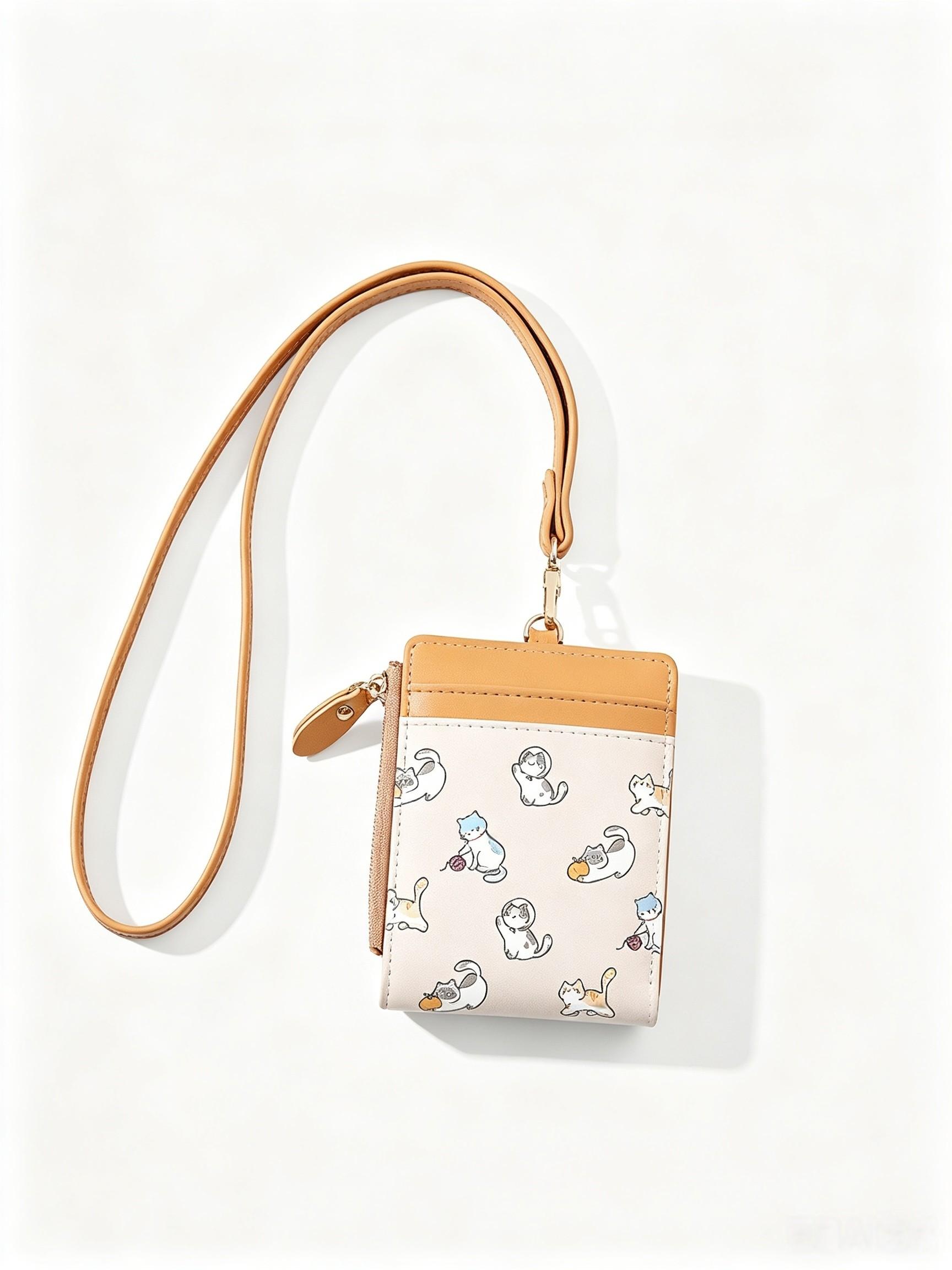 1PC Commute Neck Lanyard Card Holder, Student Campus ID Badge Case, Cute Cat Foldable Zipper Coin Purse, Cash & Card Storage Pouch for Shopping & Trips