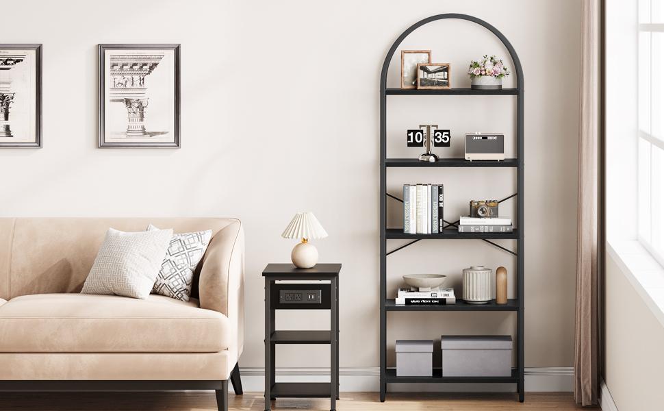 Bookshelf 5 Tier Bookcase Arched Display Racks Tall Standing Bookshelves Metal Frame Open Storage Rack Shelf Large Black Book Shelf for Bedroom, Living Room, Home Office