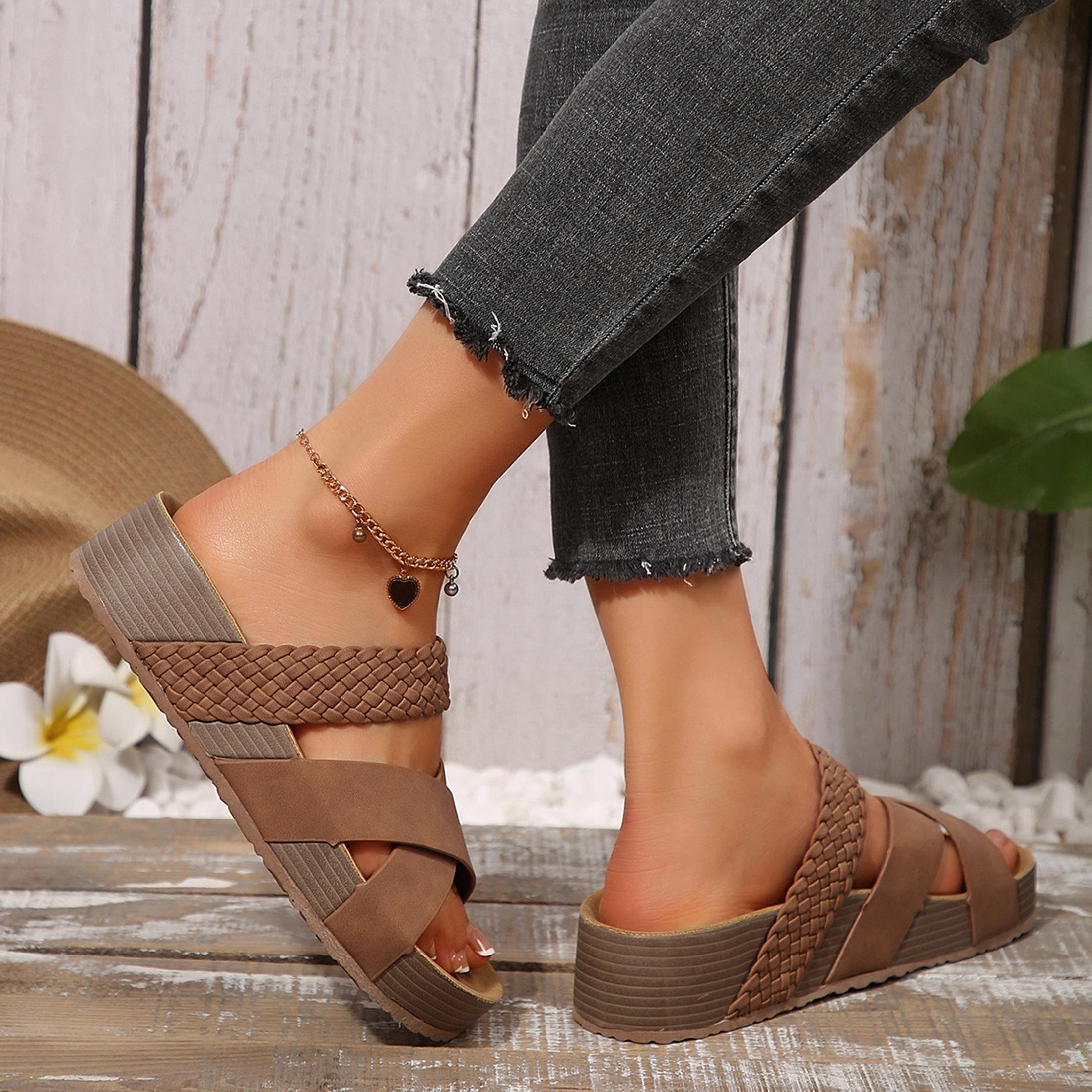 Women's Resort Braided Cross Strap Platform Sandals Casual Slippers Beach Sandals