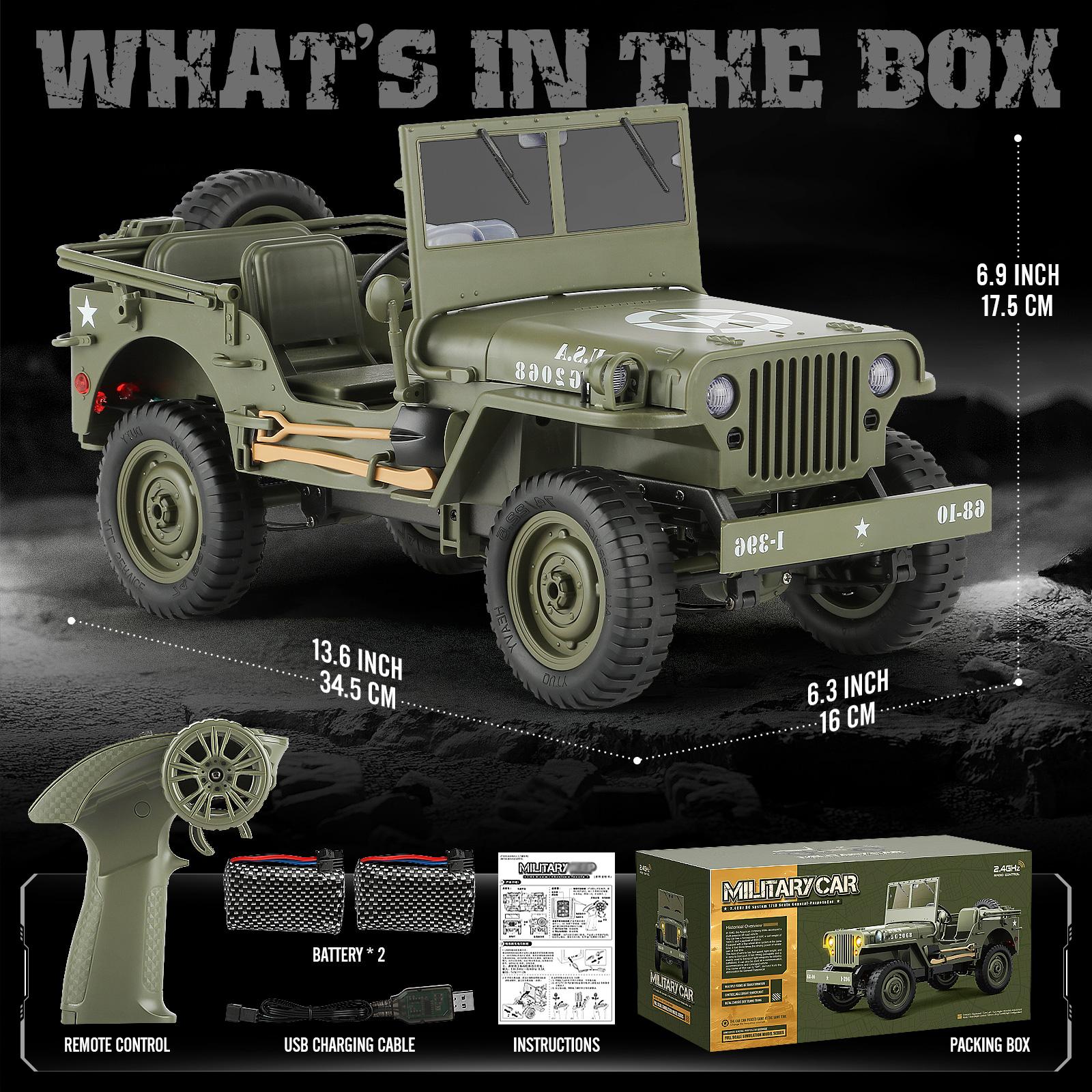 Willys RC Off-Road Vehicle - 2 Batteries, Professional Full-Size Proportional Transmission, Alloy Chassis, Steering Linkage, Multi-Mode Lights, Optional Body Tarp & Electric Winch Compatibility (All-Terrain Outdoor Climbing Toy Car) Rc Model Car Remote Co