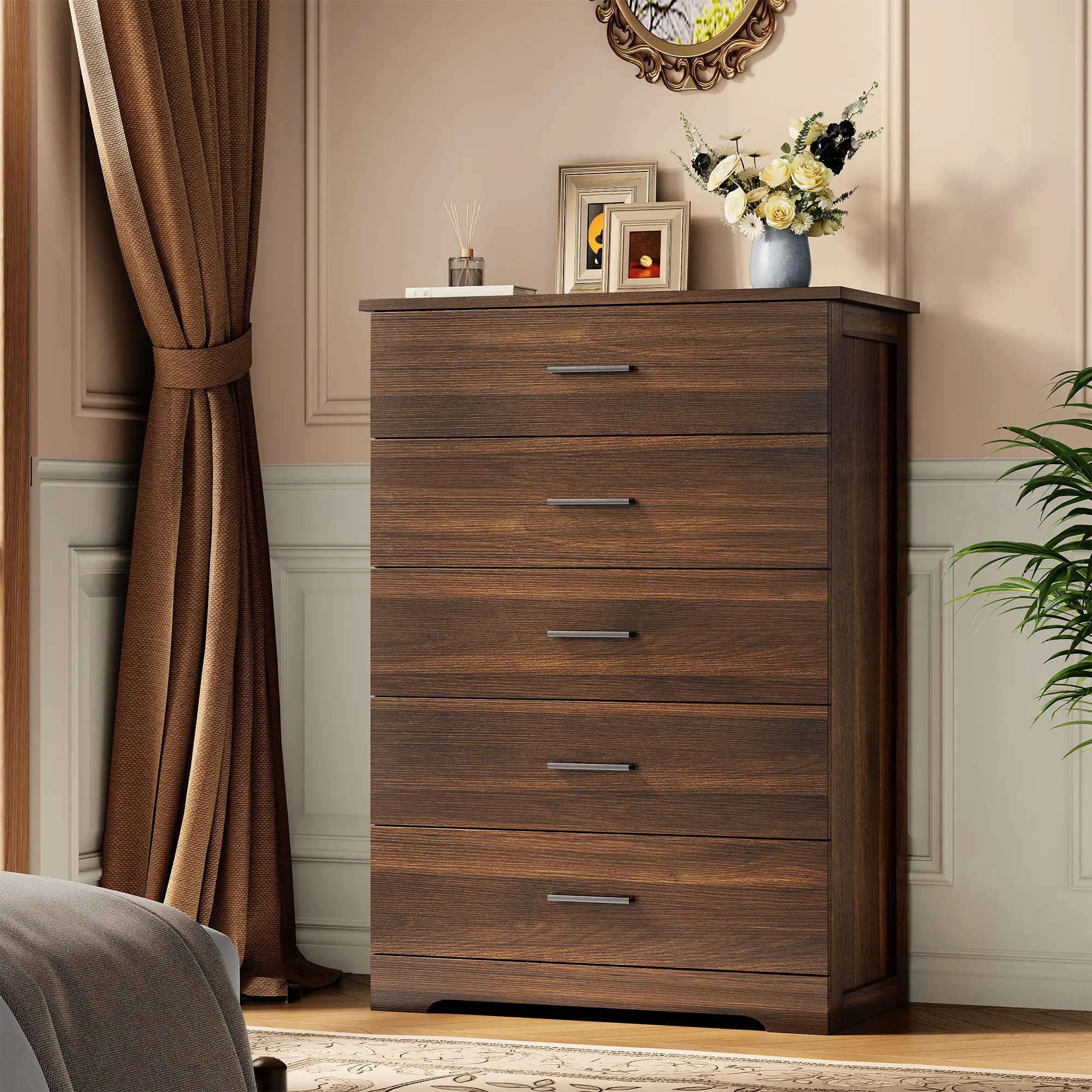 Mid-Century Modern 5-Drawer Dresser Chest - Wood Storage Drawer Cabinet with Metal Handles for Bedroom, Living Room, Entryway or Hallway - Walnut