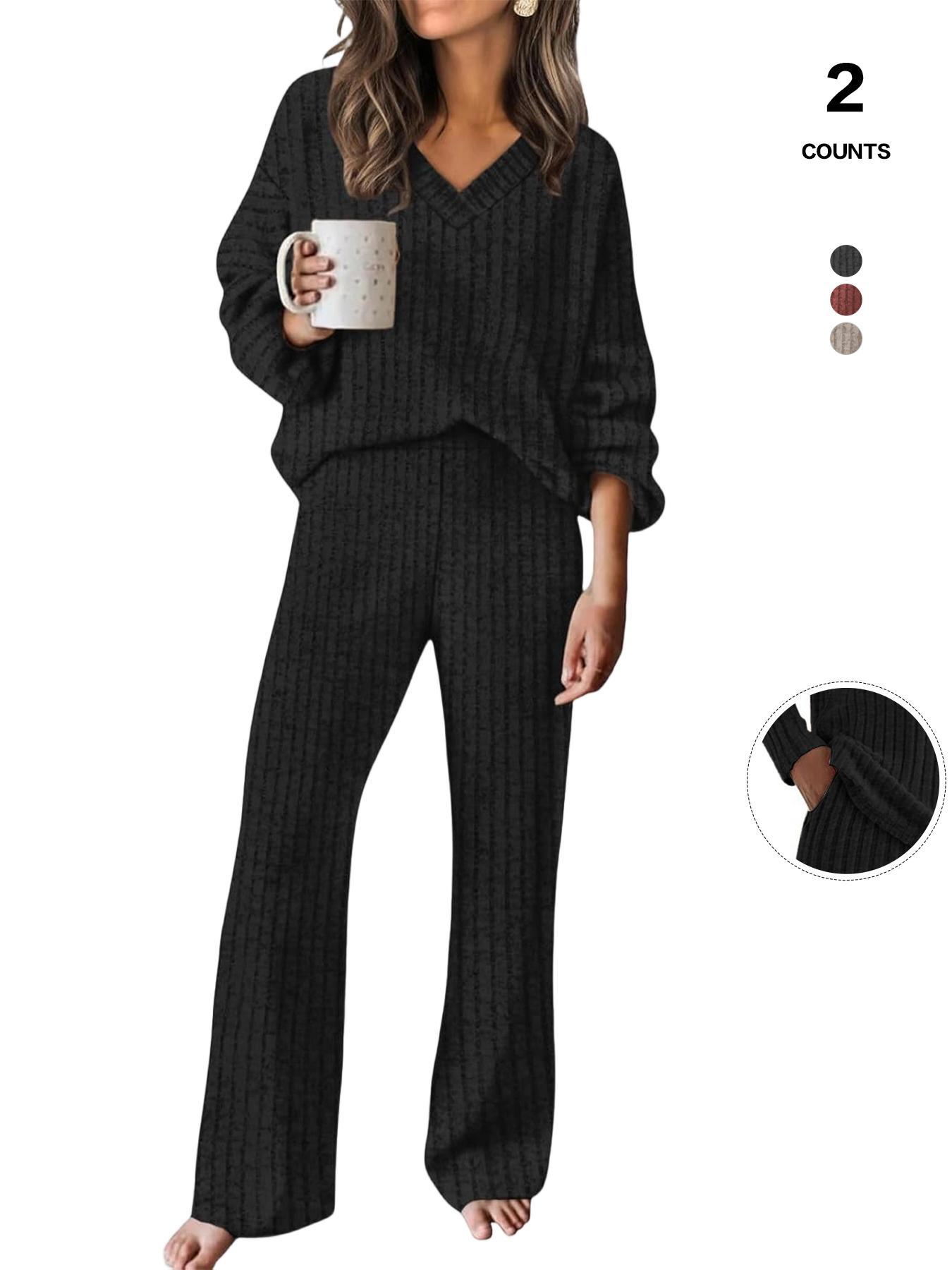 Women's Ribbed Knit 2-Piece Loungewear Set, V-Neck Oversized Long Sleeve Top, Wide-Leg Pants with Pockets, Soft Cozy Casual