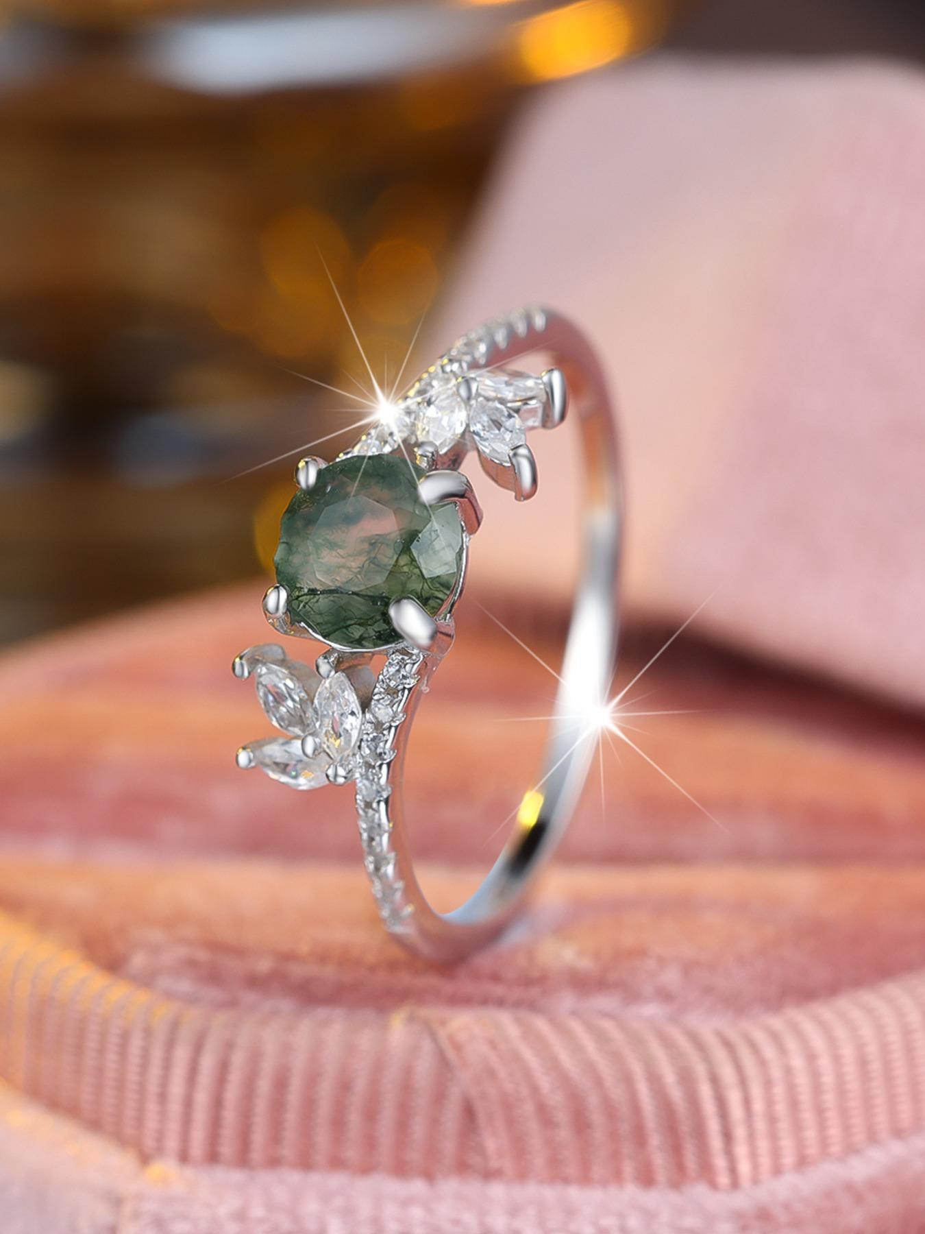 S925 Sterling Silver Ring with Seaweed Agate Inlay, Cuff Design Stackable Promise Rings for Women & Girls（with Box）