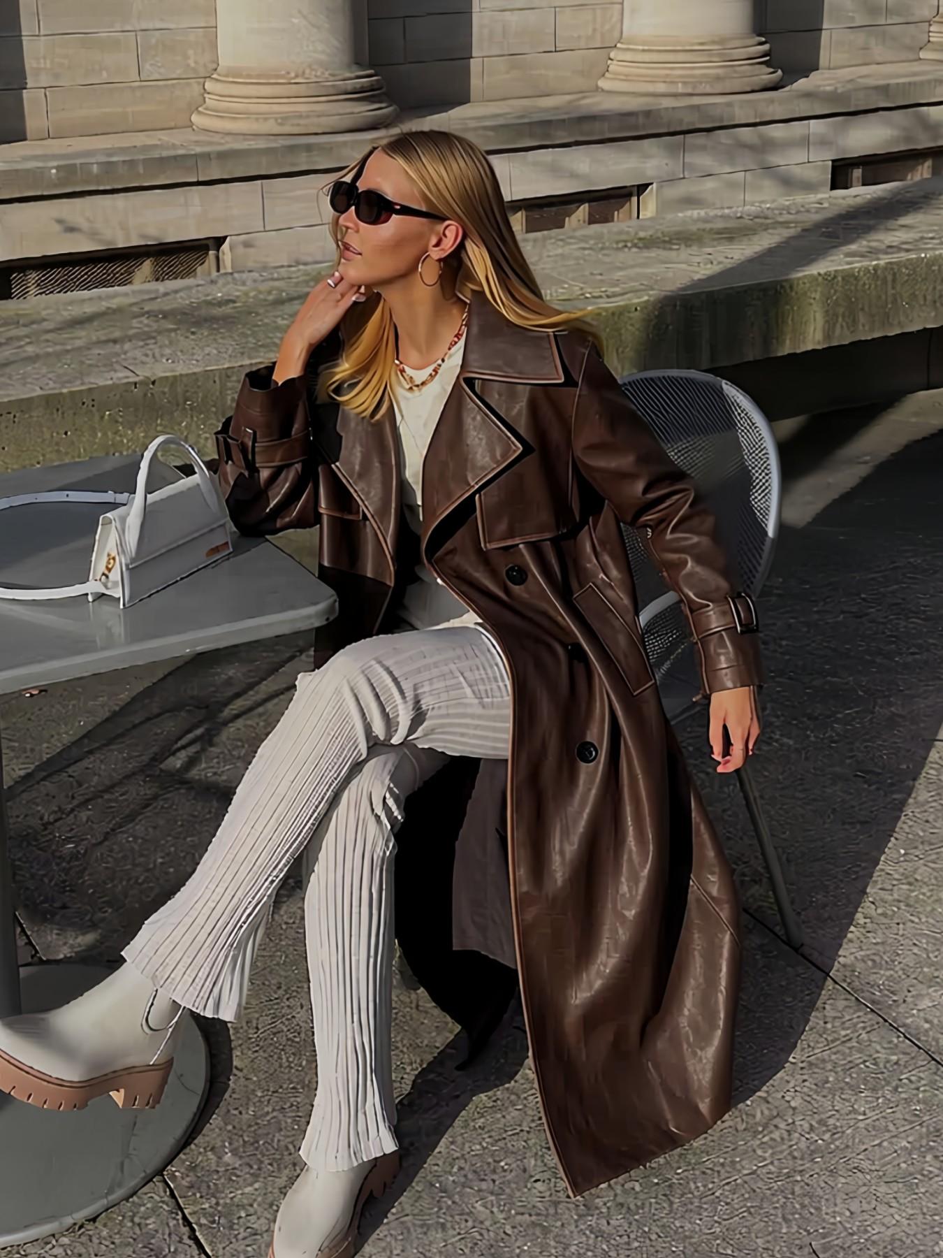 Women's Spring British Style PU Long Jacket, Casual Fitted Windbreaker, Lightweight Elegant Commuter Coat, Includes Waistband