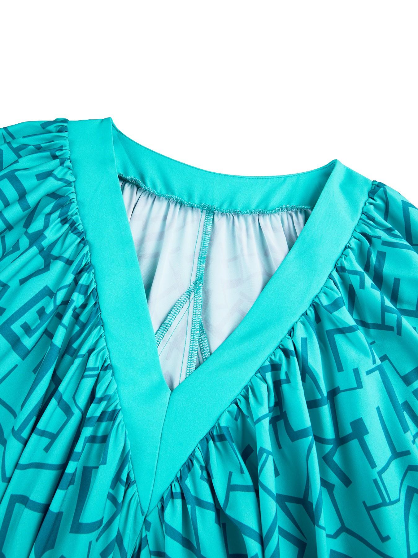 Plus Size Women's Geometric Print Casual Dress, V Neck Ruched Design, Layered Cocoon Silhouette, Long Loose Fit, All Seasons Fashion