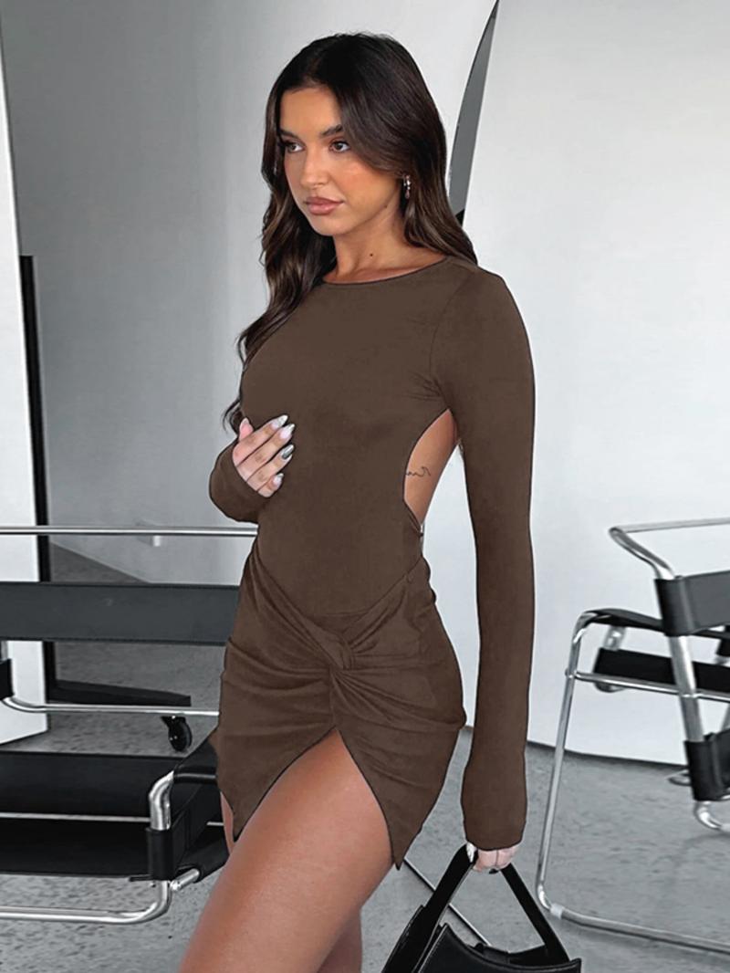 Women's Solid Long Sleeve Bodycon Dress, Casual Fashion Mini Dress for Daily Outdoor Wear, Ladies Clothes for All Seasons