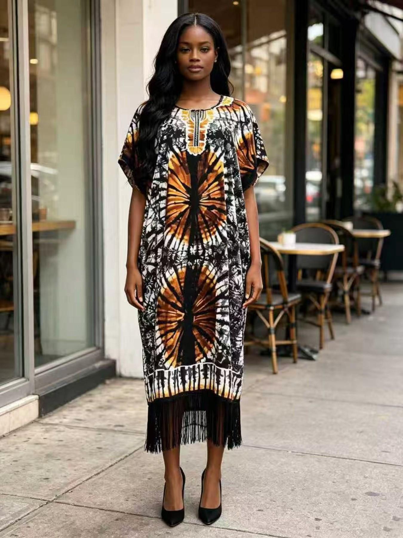 Women's Tie Dye Midi Boubou Dress, Loose Fit Bohemian Style, Breathable Summer Beachwear, Casual Daily Wear, New Fashion Design