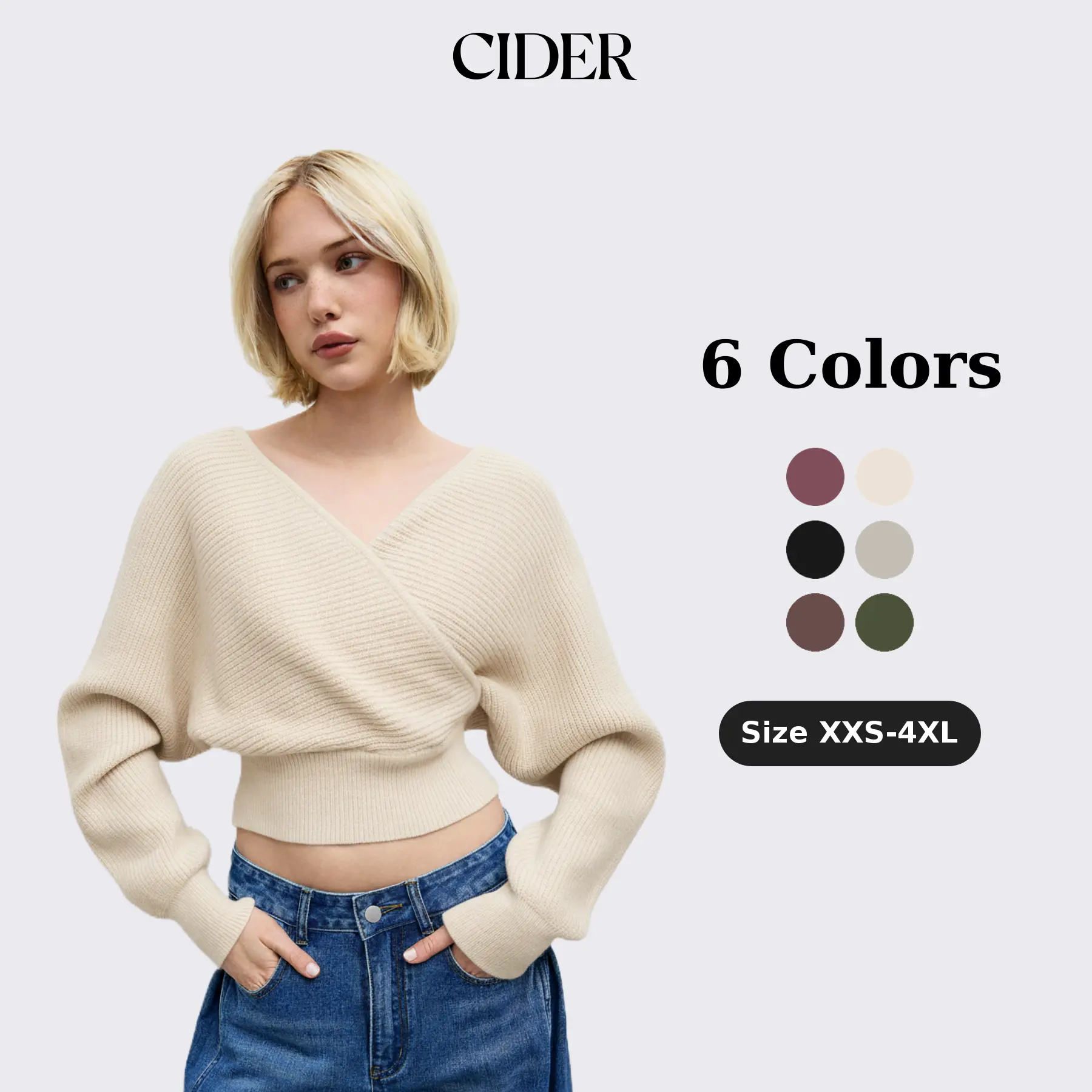 Cider [4 colors, size 0-10] Knit V-neck Solid Wrap Crop Long Sleeve Top