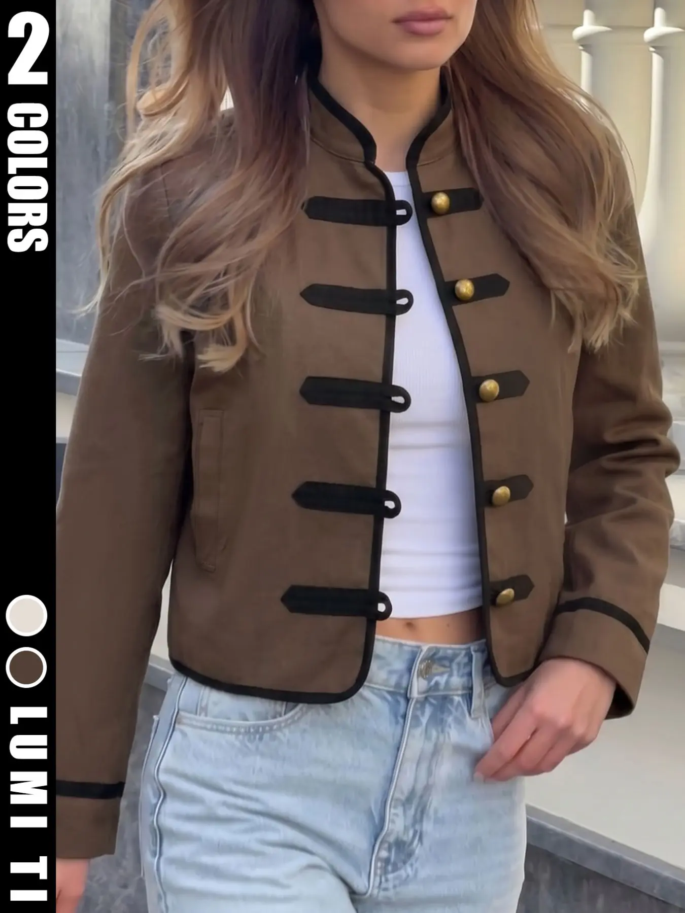 Women's Traditional Mandarin Collar Short Jacket Coats, Colorblocked Hem, Long Sleeve Vintage Oriental Style Outerwear, Spring & Fall Casual Wear
