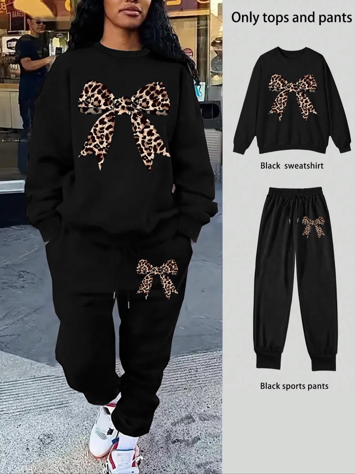 Women's Leopard Bow Print Sweatshirt Set, Long Sleeve Round Neck Top, Drawstring Pants, Casual Fitted for Fall Winter