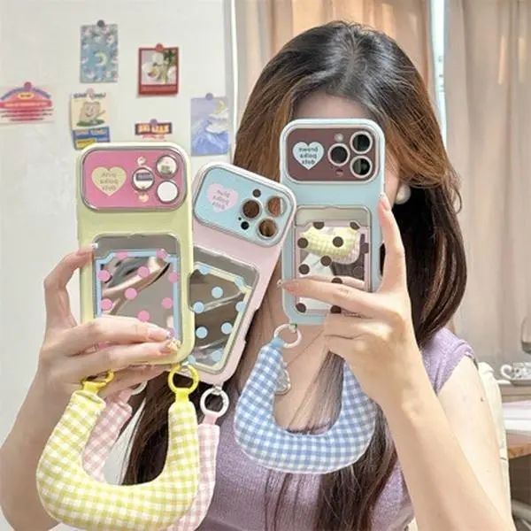 Sleek Minimalist Wallet Phone Case with Mirror and Hand Strap for iPhone 17 16 15 Pro Max Plus - Chic Solid Color Polka Dot Pattern with Card Holder Slot and Secure Wrist Lanyard, Perfect for Daily Commute, Shopping Trip & Social Outing
