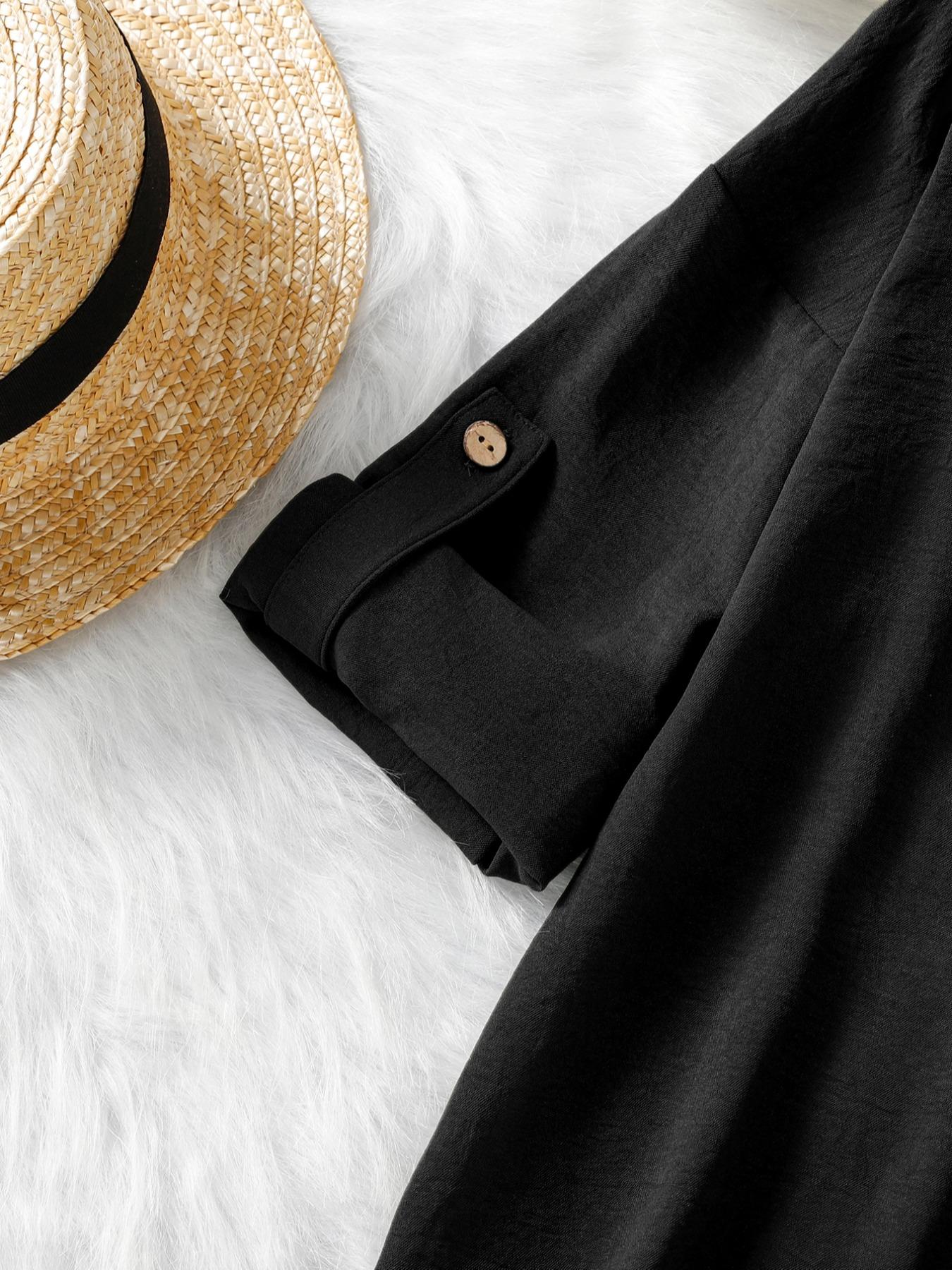 Women's Loose Notched Neck Long Sleeve Blouse, Fashion Vintage Simple Versatile Top, Women's Casual Drop Shoulder Clothing for Spring & Fall