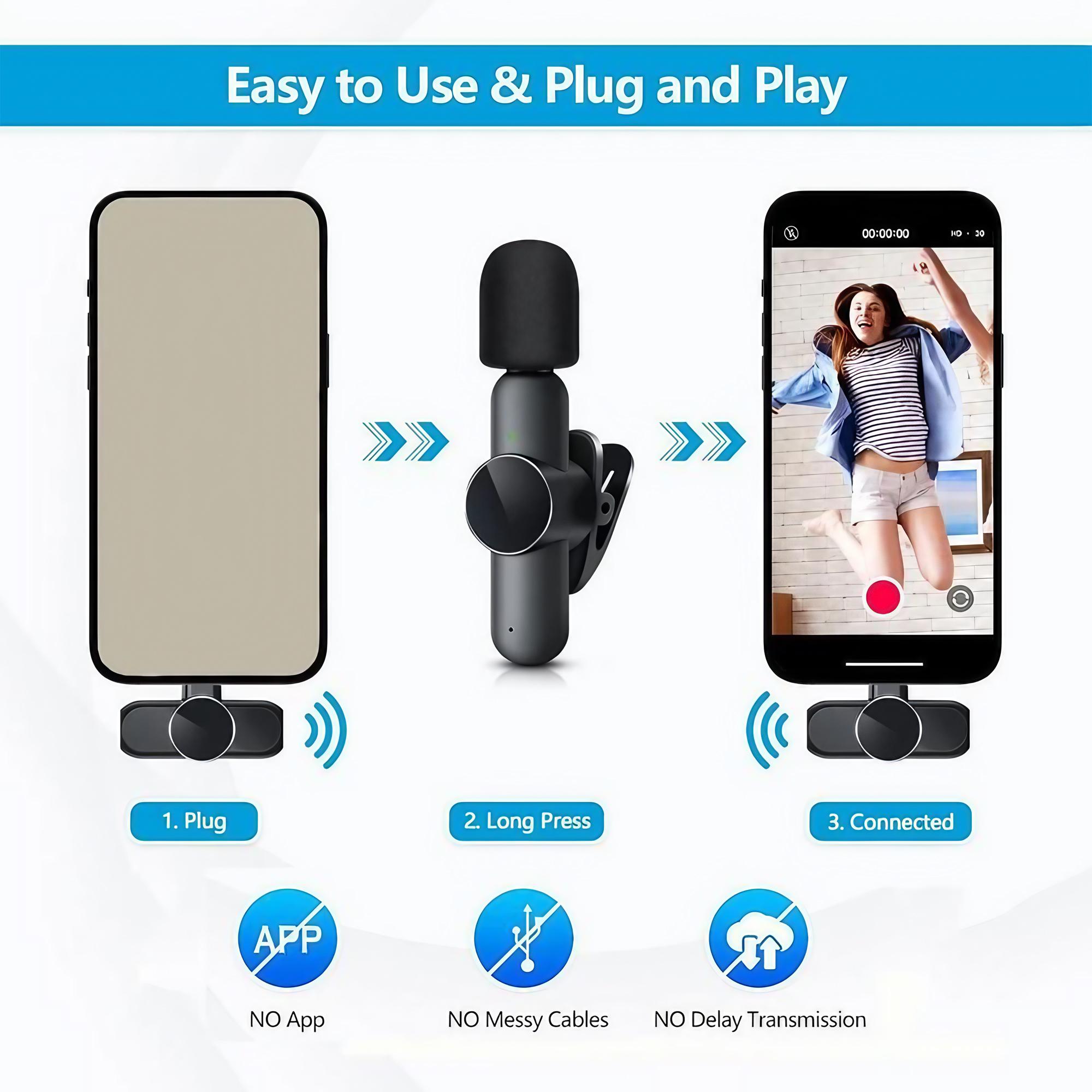 Portable Wireless Lavalier Microphone – Professional Lavalier Wireless Microphone Kit for IPhone 15 16 and Android Phones, Plug and Play Design, Live Streaming Mic, Podcast Recording Mic, Suitable for Vlogging, Interviews and Content Creation