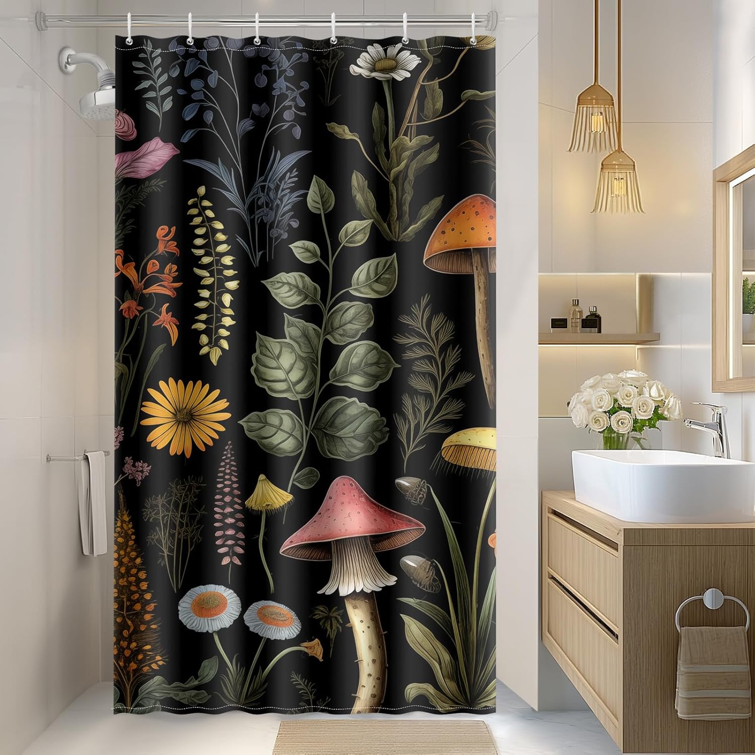 Vintage Dark Cottagecore Mushroom Shower Curtain - Retro Botanical Wildflower Print, Waterproof Fabric Curtain with 12 Hooks | Whimsical Gothic Bathroom Decor #showercurtain #mushroom #cottagecore #vintage #botanical #waterproofcurtain  #gothicdecor