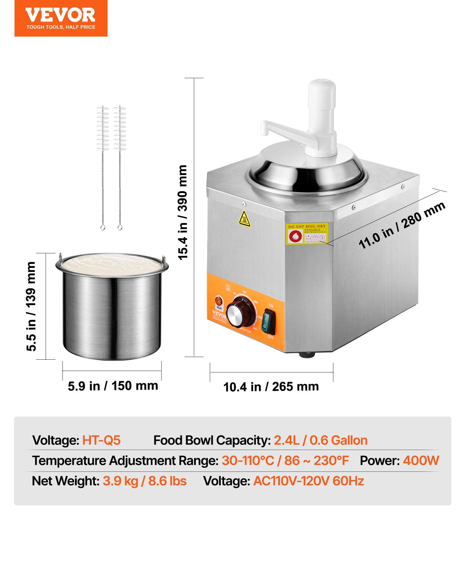 【Summerfinds】VEVOR Electric Cheese Dispenser with Pump, 2.4L Commercial Hot Fudge Warmer, Plastic Pump Dispenser, 86-230℉ Temp Adjustable Nacho Cheese Sauce Warmer, for Hot Fudge Cheese Caramel