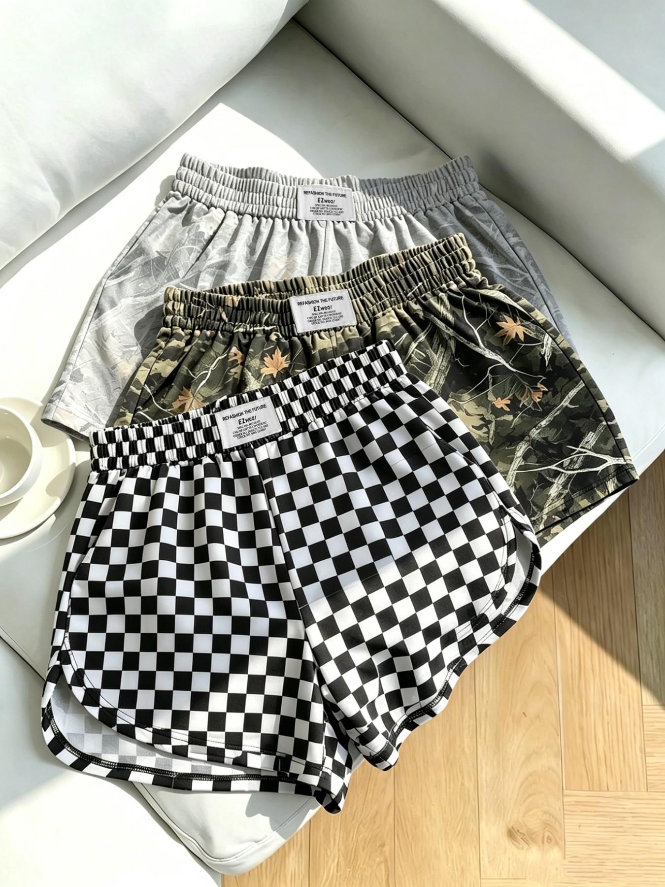 3-Pack Women's Loose-Fit Shorts, Leopard and Checkered Print, Elastic Waist, Casual Sporty Style, Fashionable Ladies' Clothing, Comfortable and Stylish