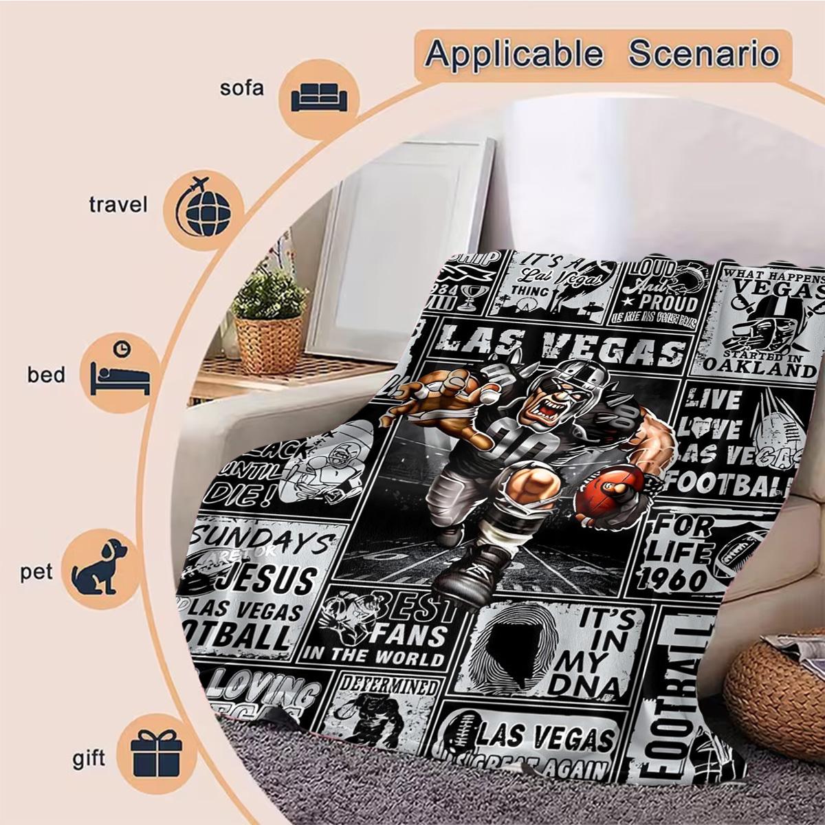 Vintage Las Vegas Football Flannel Figure Print Blanket, Retro Sports Poster Style Throw with Raiders - Inspired Graphics, “I’ll Bleed Silver & Black”, “Sundays Jesus & Football” Slogans for Fans, Soft, Heartfelt Gift Blanket