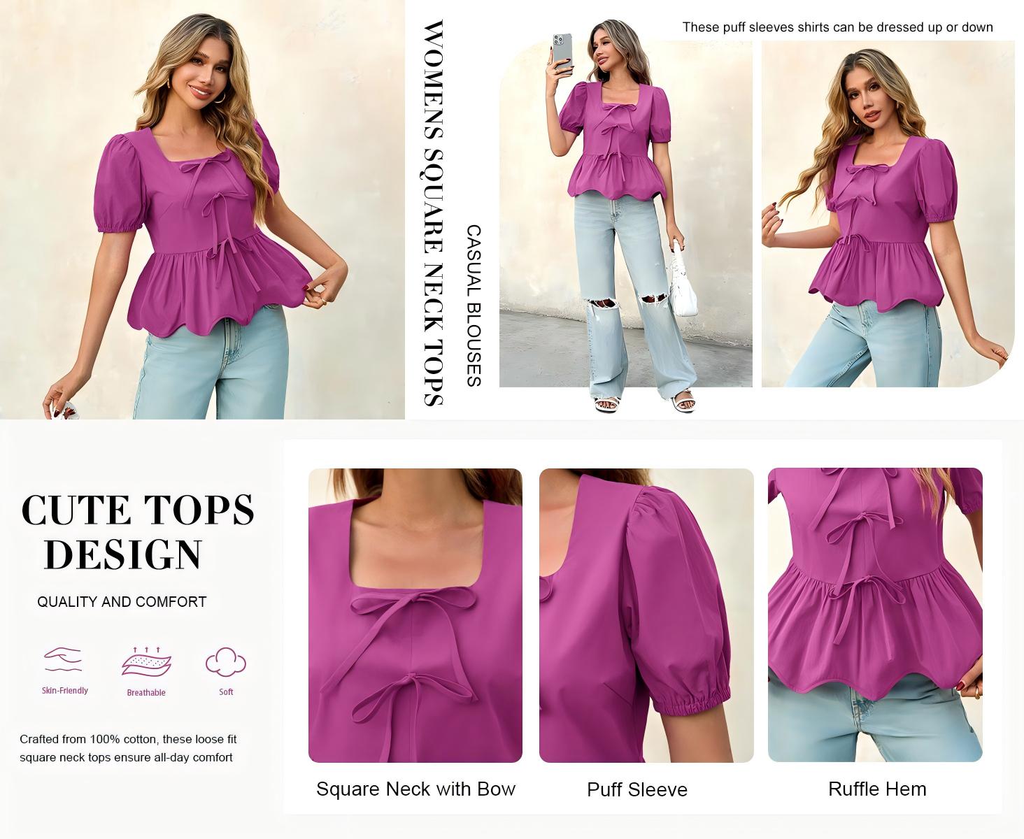 Tankaneo Women's Summer Peplum Babydoll Tops Square Neck Short Puff Sleeve Blouses Ruffle Cute Bow Shirts Tankaneo Women's Summer Peplum Babydoll Tops Square Neck Short Puff Sleeve Blouses Ruffle Cute Bow Shirts