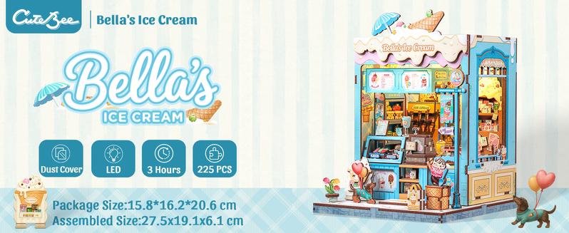 CUTEBEE DIY 3D Book Nook Kit Bella’s Ice Cream – Miniature Wooden Streetscape Shop with LED Light, Handmade 3D Dollhouse Decor | Holiday, Christmas and Black Friday Gift