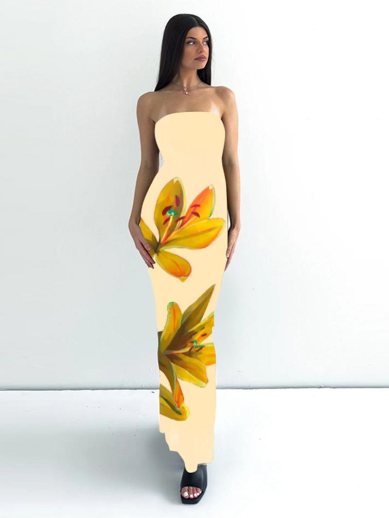 Women's Floral Print Backless Bodycon Tube Dress, Elegant Strapless Tie Back Dress for Party Club Dating Wear, Ladies Summer Clothes