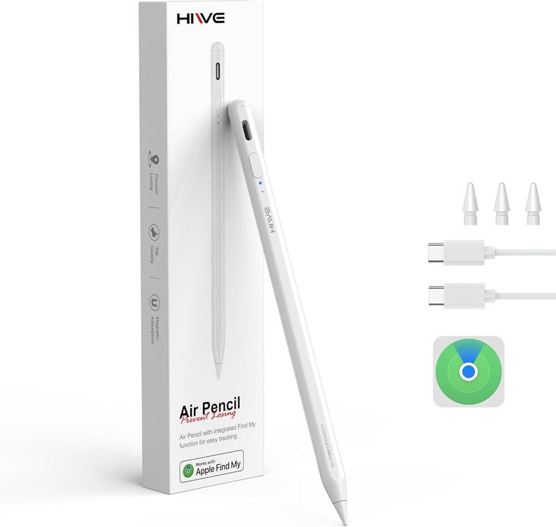 HIWE Anti-Lost Stylus Pen for iPad 2018-2025 Find My Support Tilt Sensitivity Magnetic Shortcuts Fast Charge 10H Battery 3 Replaceable Tips