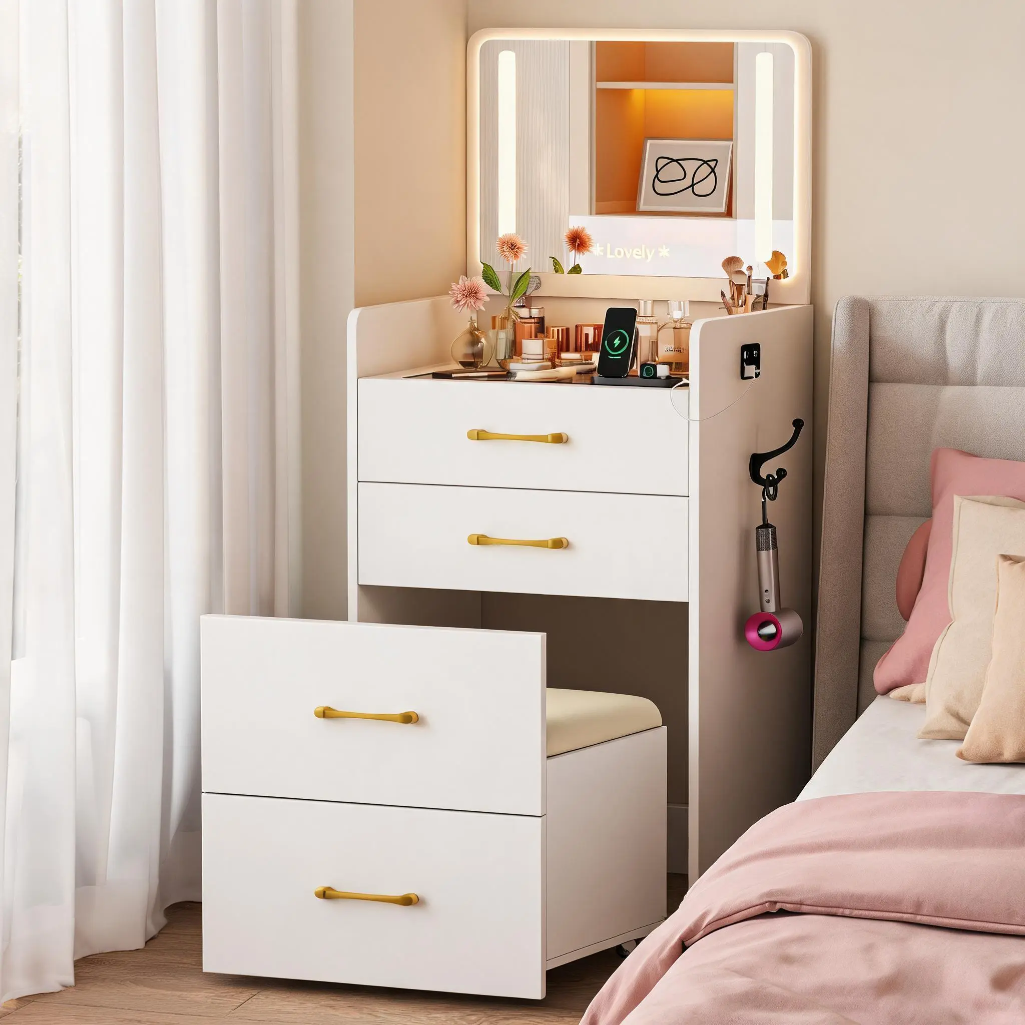 3-in-1 Compact Mini Makeup Vanity Set, Turn-Top LED Light Mirror with Hidden Rolling Storage Stool, Suitable for Bedroom, Apartment and Dorm, Black Finish