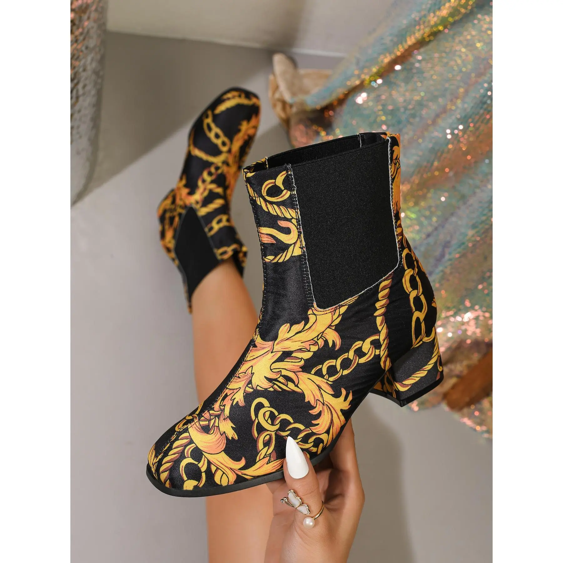 Vintage Chain Baroque Print Chelsea Ankle Boots, Women Square Toe Block Heel Slip‑On Party Booties