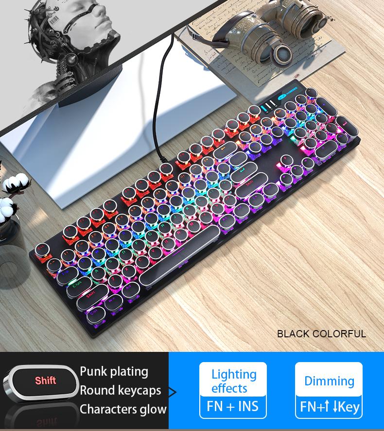 MageGee MK-Storm Typewriter Mechanical Gaming Keyboard, Retro Punk Round Keycaps Blue LED Backlight USB Wired Computer Keyboard for Gaming and Office, Compatible with Windows