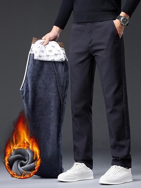 Men's Fleece Lined Denim Jeans, Thickened Outdoor Warm Straight Leg Jeans, Casual Fall Winter Long Trousers, Slim Fit Striped Design