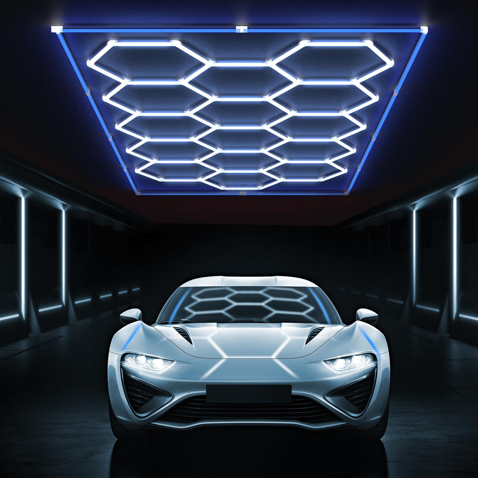 HYPERLITE 624W Hexagon LED Light ，Garage Light – Ultra-Bright Honeycomb Ceiling Lighting, 62,400LM Flicker-Free Daylight, DIY Plug-In Installation for Garage, Workshop, Basement, Car Detailing & Showrooms，SpringGlowUp