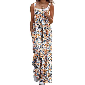 Women's Summer Boho Cotton Casual Jumpsuits Wide Leg Overalls Floral Print Baggy Rompers with Pockets