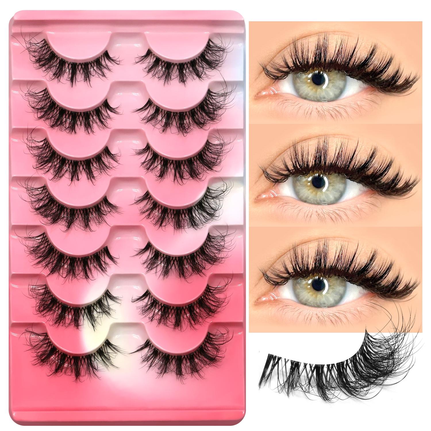 GROINNEYA 7 Pairs Cat Eye Lashes Versatile Airy Eyelashes Natural Look False Eyelashes D-Crul Voluminous Fake Eyelashes Fake Eye Lashes Short Wispy Faux Mink Eyelashes With Transparent Stem Band,Suiable For Dates and Gift For Her