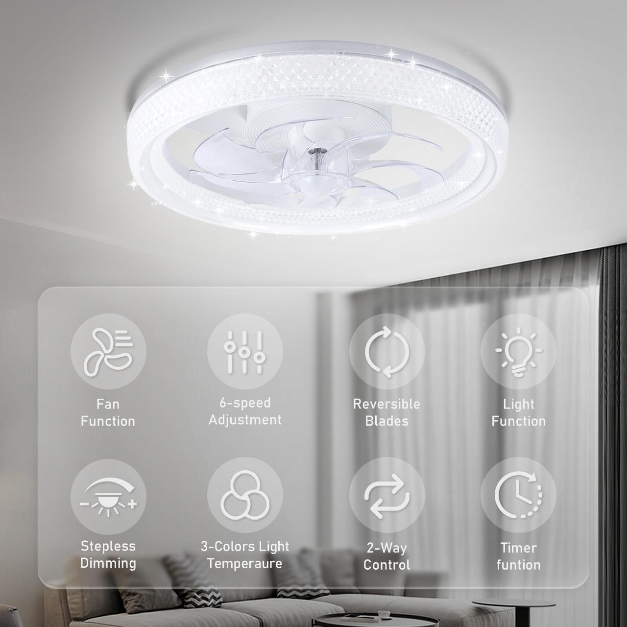 GLITGATE Diamantes Smart Ceiling Fan with Light 20" White Crystal 6-Speed Reversible DC Motor APP Remote Control Timer Dimming 3 Color Temperatures for Bedroom Living Room GLITGATE Diamantes Smart Ceiling Fan with Light 20" White Crystal 6-Speed Reversible DC Motor APP Remote Control Timer Dimming 3 Color Temperatures for Bedroom Living Room