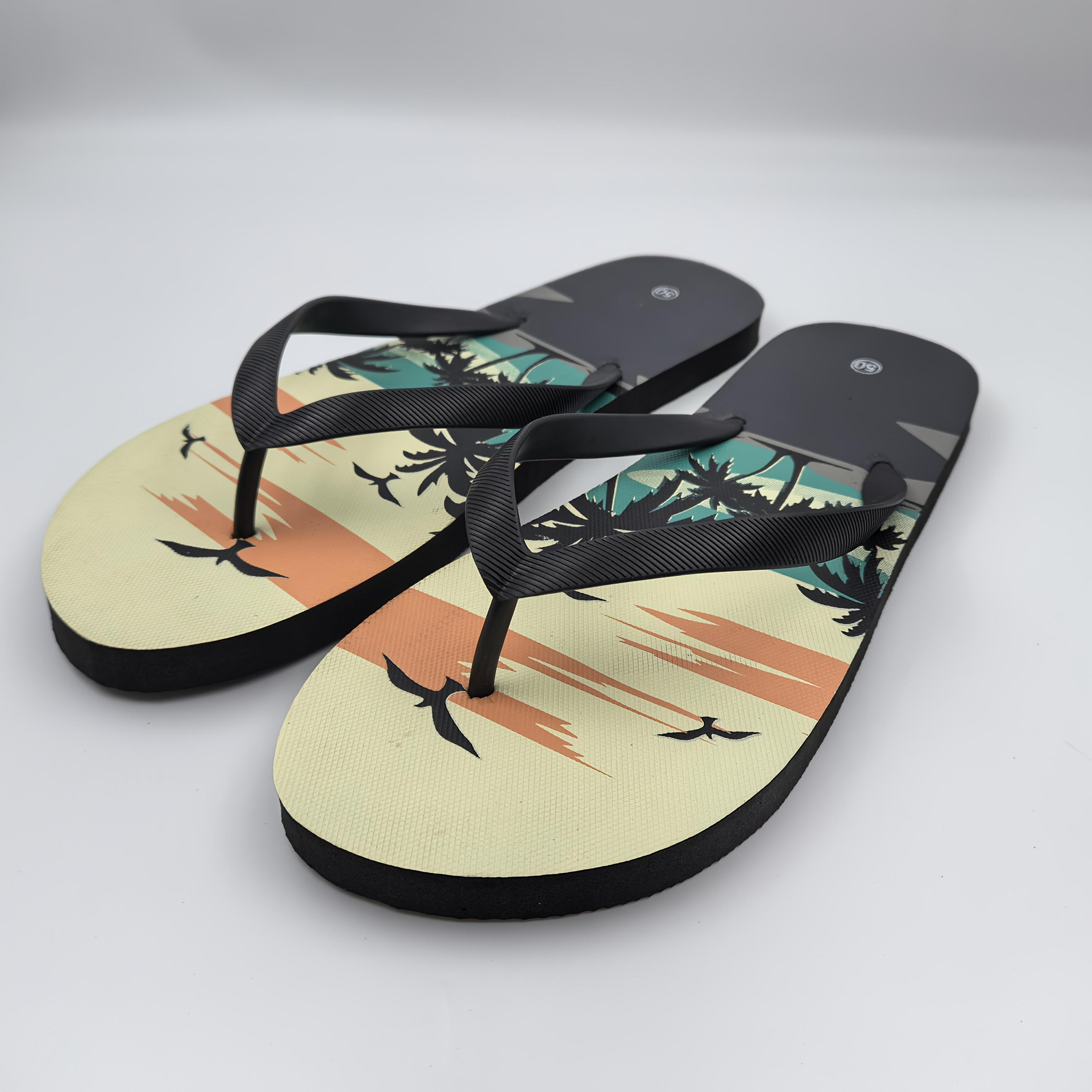 New Men's Herringbone Slippers, Extra Large Size Beach Shoes, Non-Slip Slip-On, Seaside Style with Printed Pattern