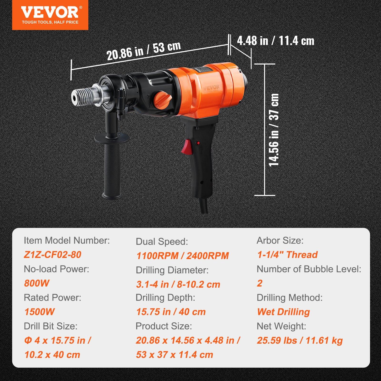 【Summerfinds】VEVOR Diamond Core Drilling Machine, 4in Handheld Wet Concrete Core Drill Rig, 1100-2400RPM Two Speed & 1-1/4" Thread & 2 Bubble Levels, 3-4in Drilling Diameter for Concrete Brick Block Stone, 1500W