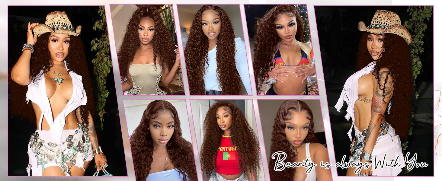 2026 TikTok Shop Deal Chocolate Brown Deep Wave Lace Front Wigs Human Hair 180 Density 13x6 HD Lace Frontal Wigs Curly Human Hair Brown Glueless Wig For Women Pre Plucked with Natural Hairline Valentine's Day Gift