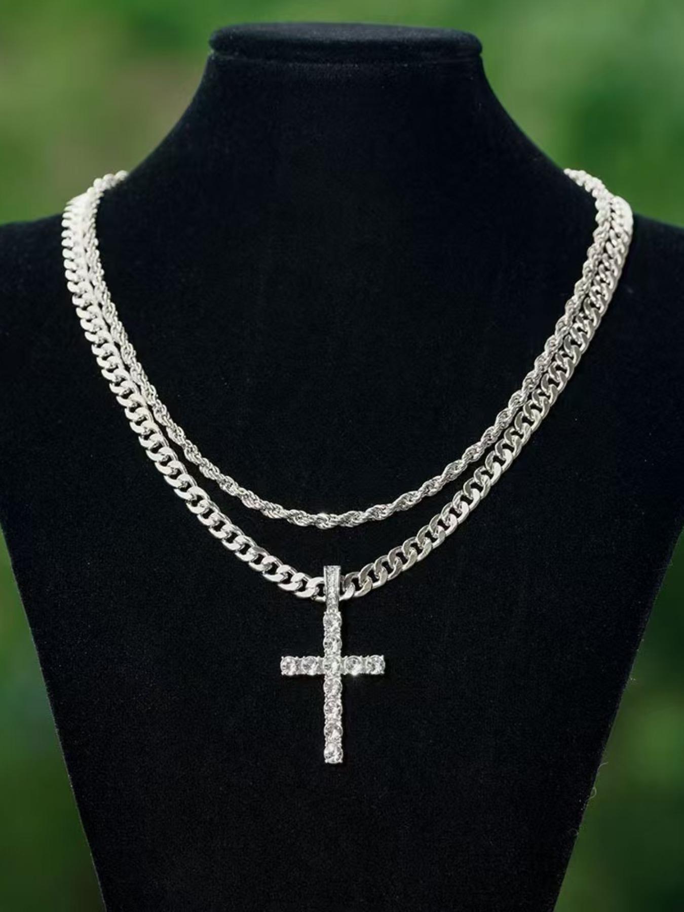 3pc Luxury Ice Zircon Cross Pendant Set, Faith Pendant Necklace, Cuban Link Design Chain & Braided Rope Necklace, Religious Jewelry Accessories