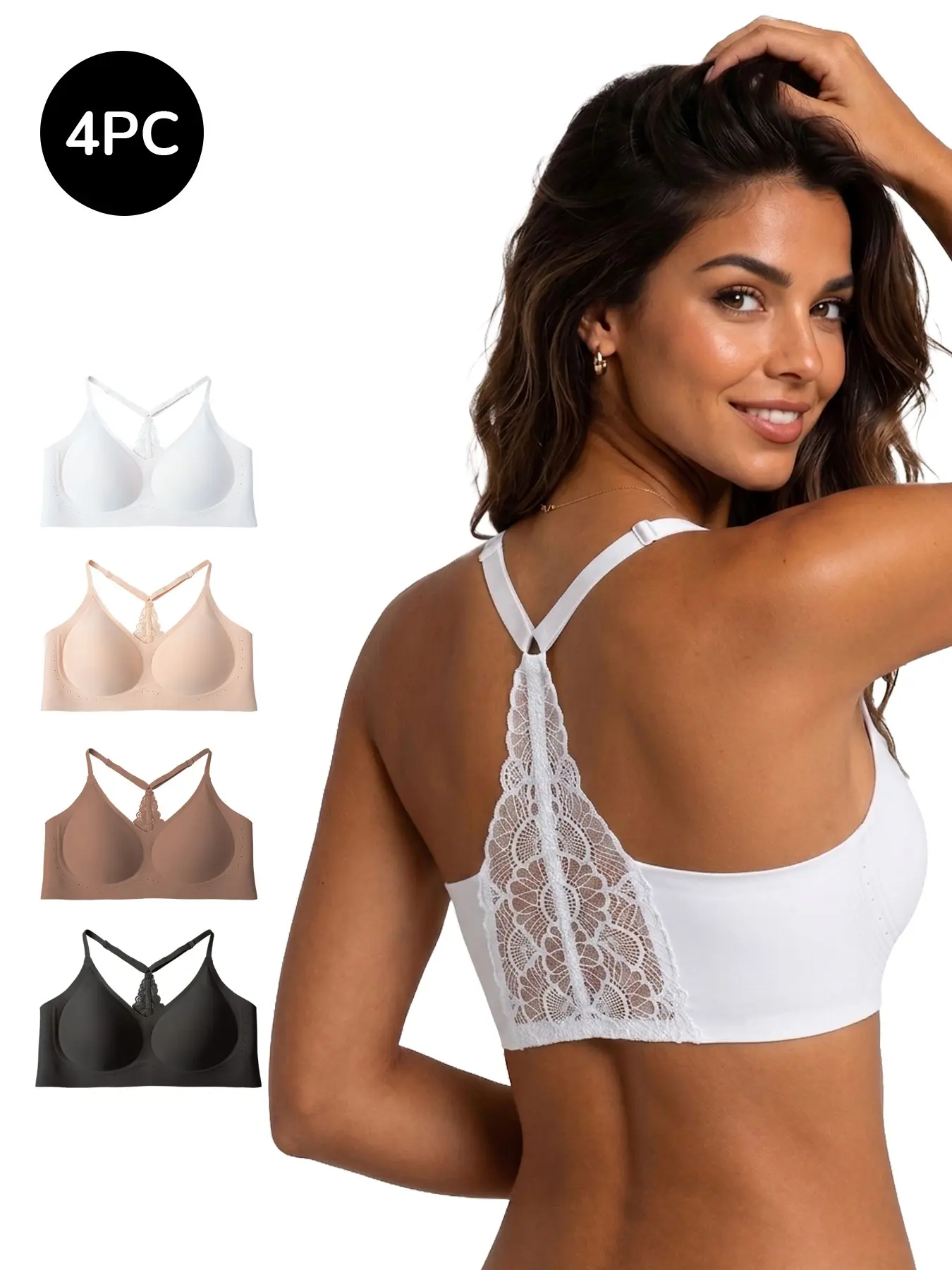 4 Pack Women's Non-Wired Elegant Lace Racerback Bras, Value Multipack with Gentle Jelly Support, Soft Comfort Bralettes for Racerback Vests & Backless Tops, Perfect Match For Home, Work, Yoga, Vacation