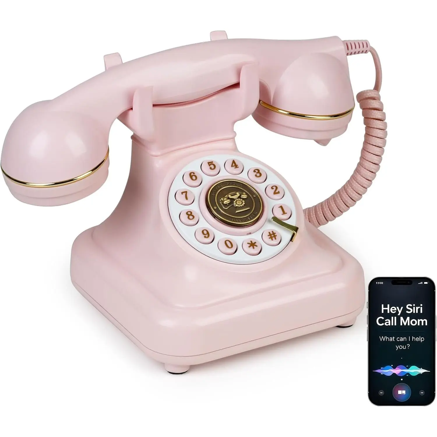 Bluetooth Retro Phone with Voice Assistant, Bluetooth Landline Phone Compatible with Android & iOS, Wireless Bluetooth Physical Home Phone Telephone with Speakerphone & Volume Control, Pink